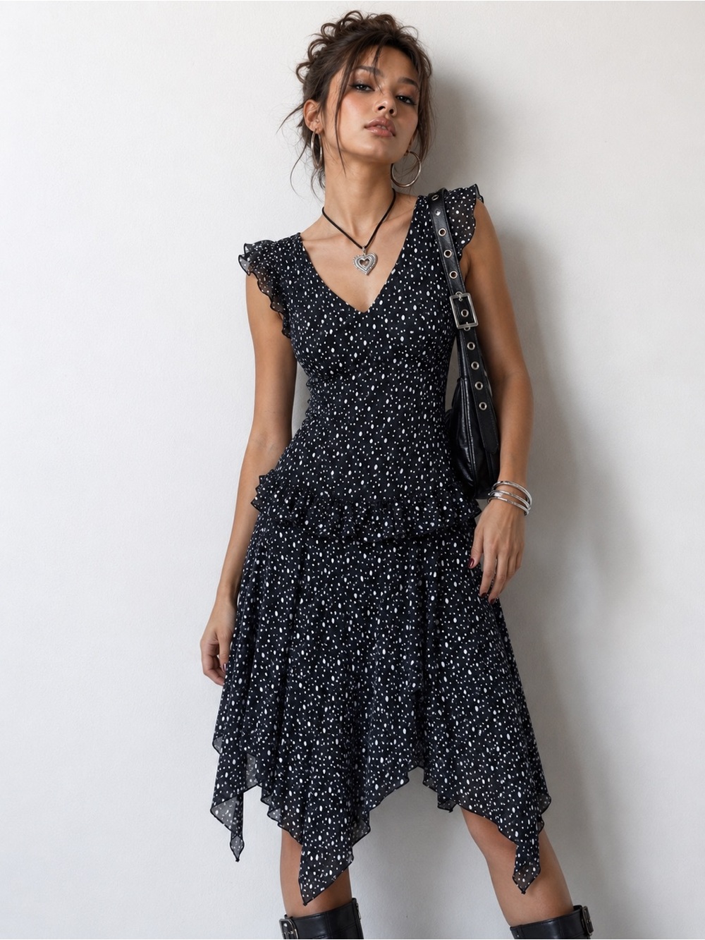 Vintage Black Polka Dot V-Neck Ruffle Midi Dress